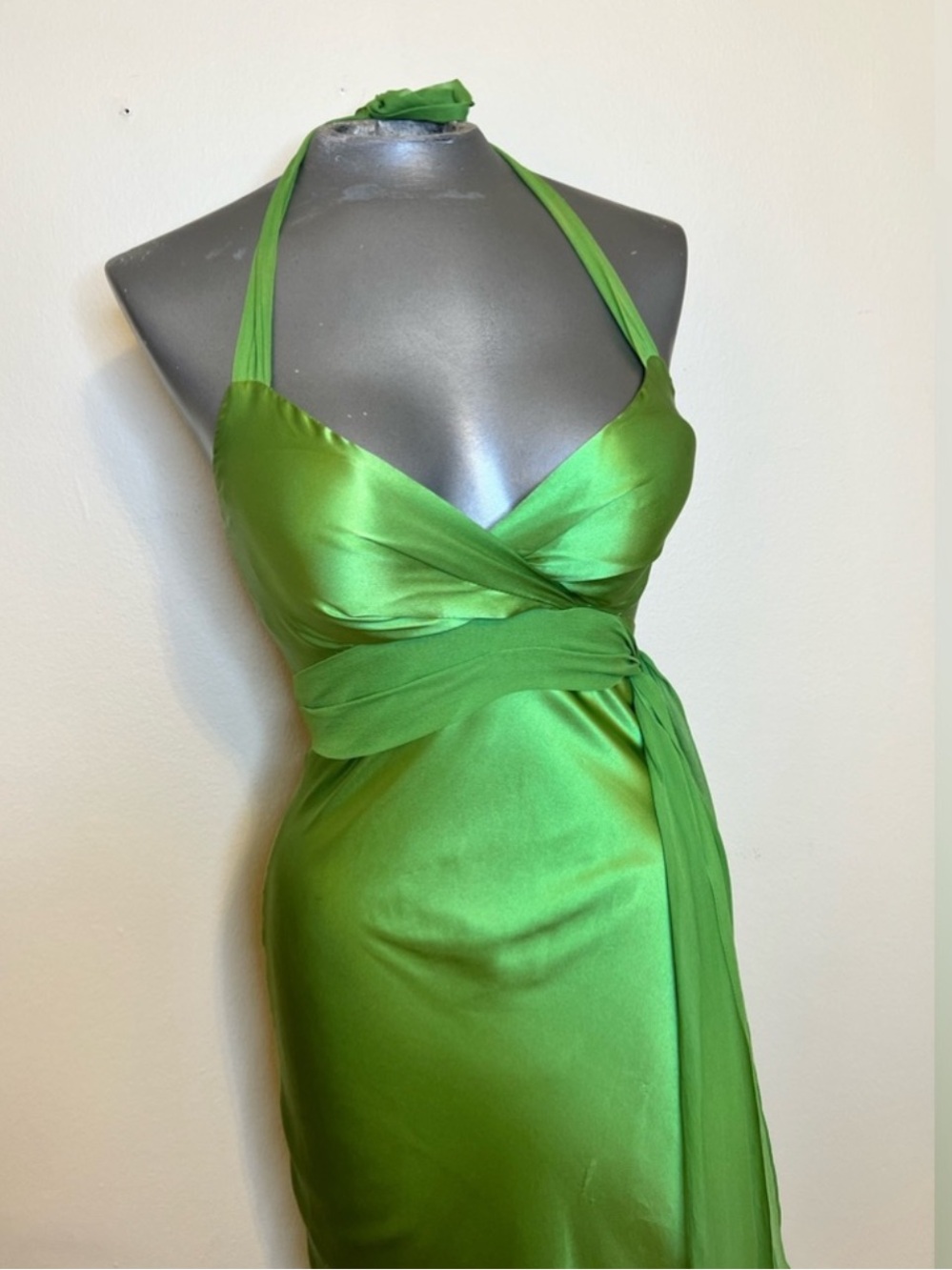 Cache Green  Satin Halter Wrap Midi Dress - Picture 2 of 6